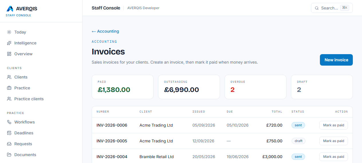 The invoices screen